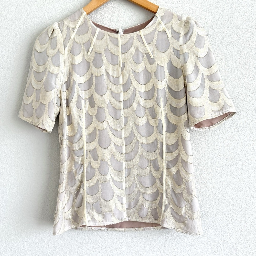 Line And Dot Gold Shimmer‎ Blouse Womens XS Elegant Formal Party Silk Neutral
